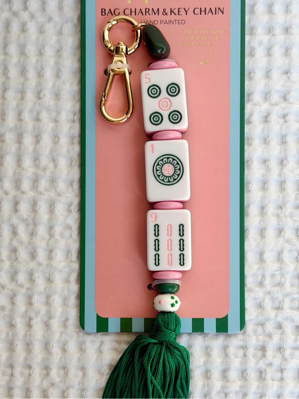 Piper K Mahjong Tile Beaded Bag Charm Keychain White Pink Green Tassel Gift NWT